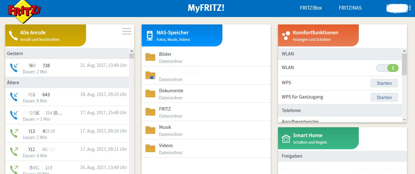 MyFritz - FritzBox - Dashboard
