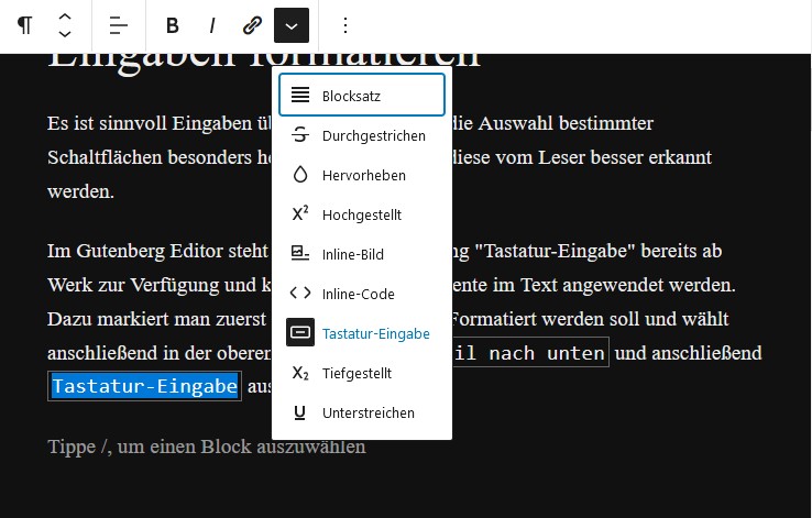 Tastatur-Eingabe im WordPress Gutenberg Editor formatieren